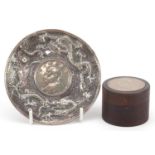 Chinese unmarked silver dragon dish inset with a Fat Man dollar and a hardwood cylindrical box inset