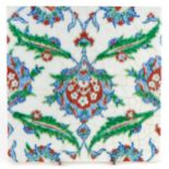 Turkish Ottoman Iznik pottery tile hand painted with stylised flowers, 25cm x 25cm : For further