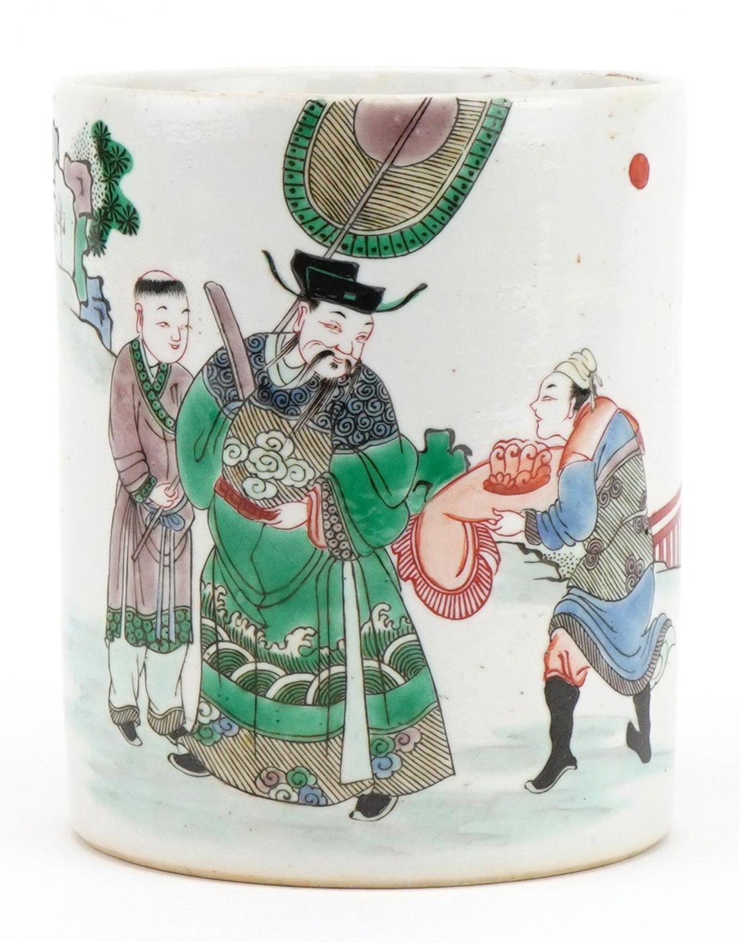 Chinese porcelain cylindrical brush pot hand painted in the famille verte palette with an emperor
