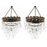 Pair of gilt metal three tier bag chandeliers with glass drops, 16cm in diameter : For further