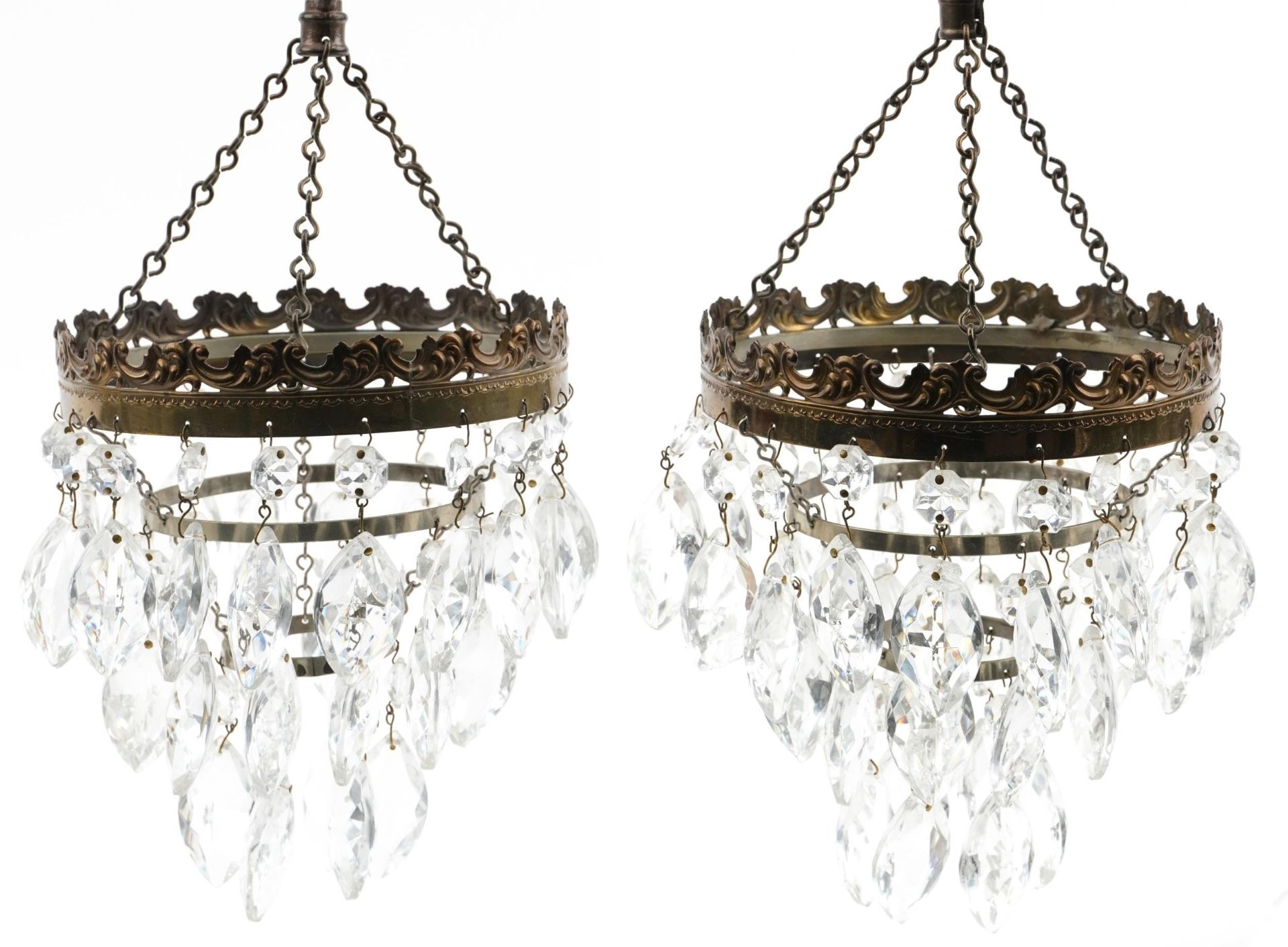 Pair of gilt metal three tier bag chandeliers with glass drops, 16cm in diameter : For further