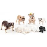 Six porcelain Bulldogs including Adderley and a plaster example, the largest 19cm in length : For