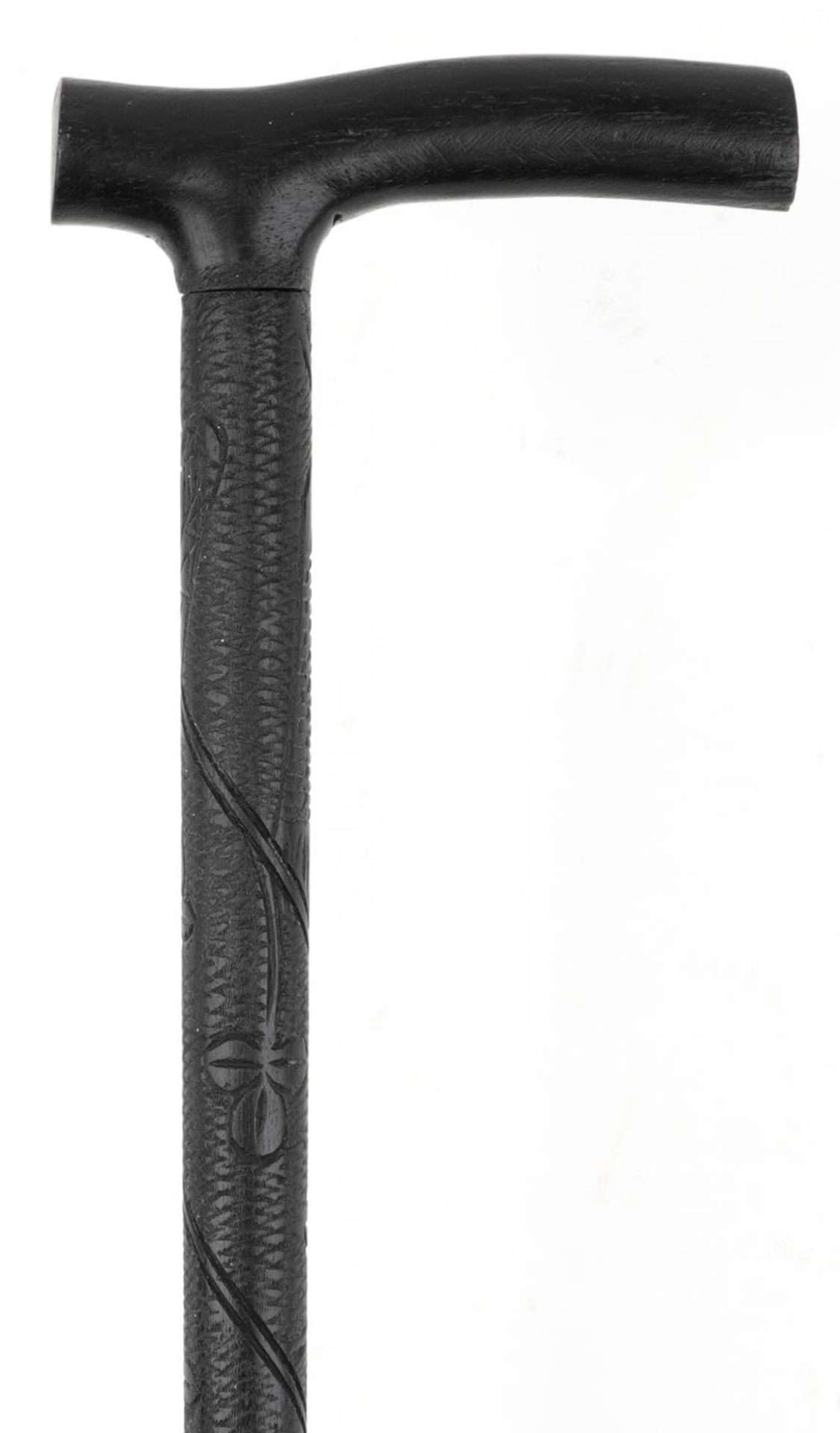 19th century Irish bog oak walking stick carved with a harp and shamrocks, 90cm in length : For