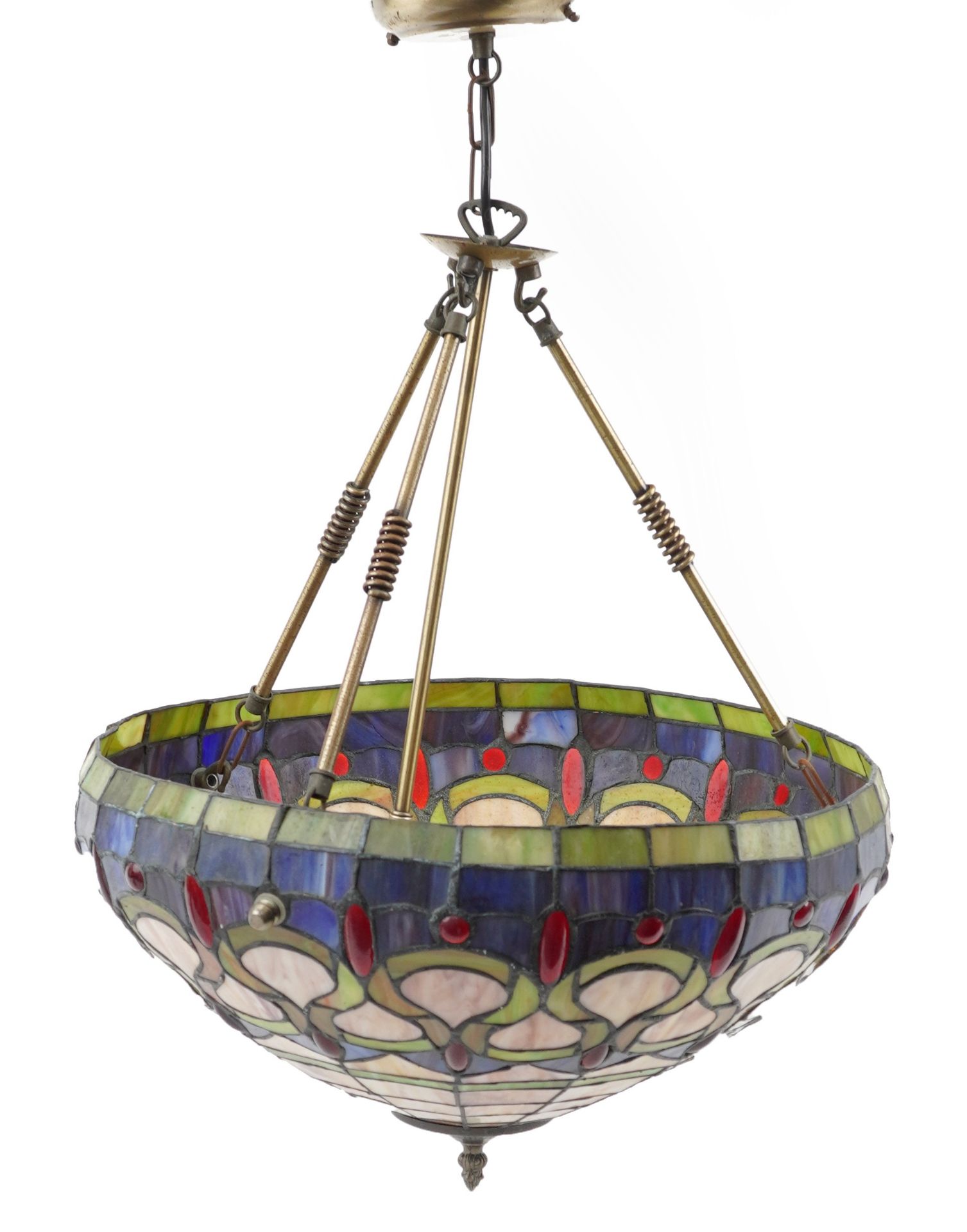 Pair of large Tiffany design leaded stained glass hanging light fittings, each 46cm in diameter : - Image 4 of 5