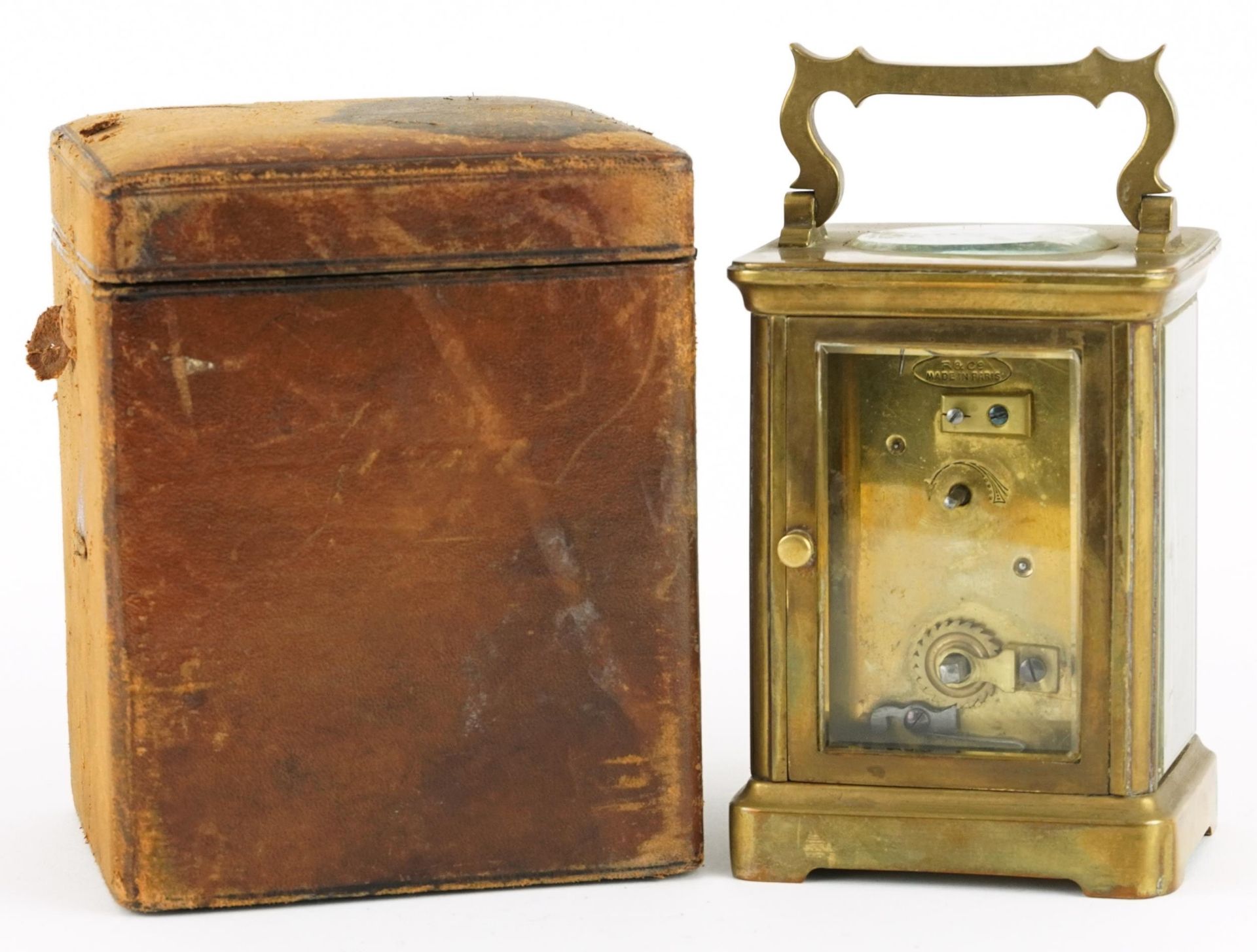 Richard & Co, 19th century French brass cased carriage clock with velvet lined leather travel case - Image 3 of 5