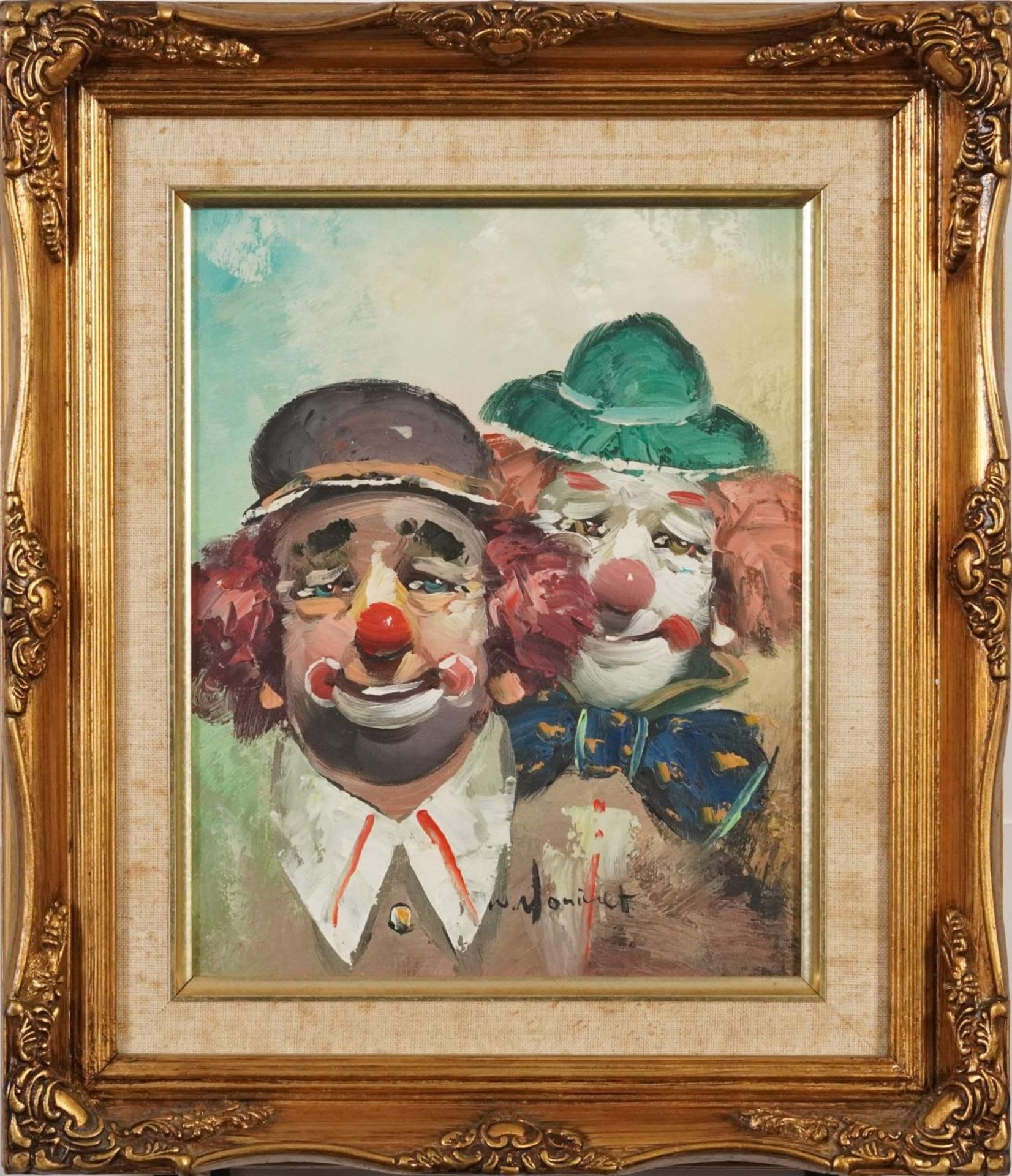 William Moninet - Two clowns, oil on board, mounted and framed, 24.5cm x 19cm excluding the mount - Image 2 of 4