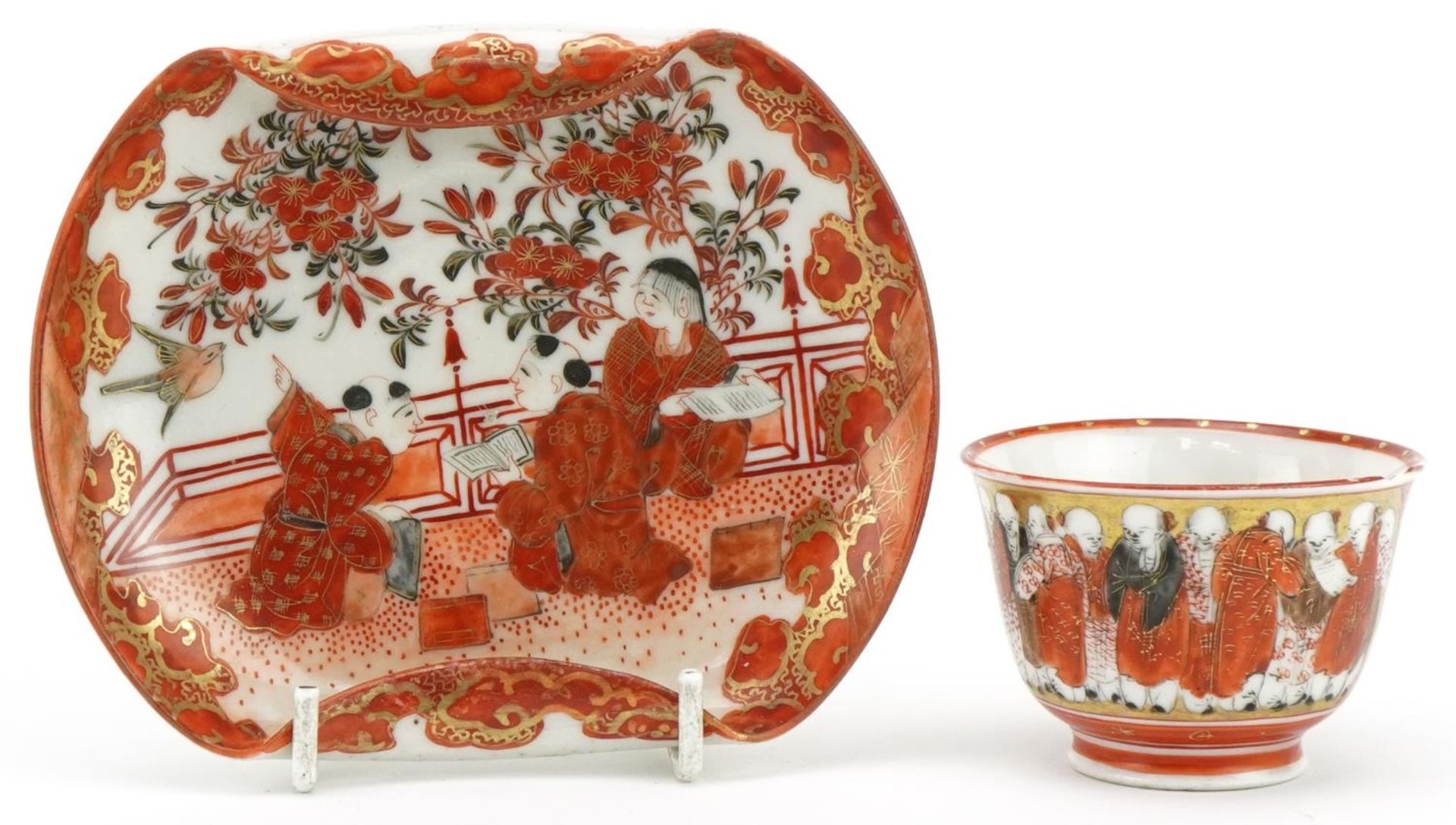 Japanese Kutani porcelain tea bowl with saucer hand painted with figures and flowers, the largest - Image 2 of 8