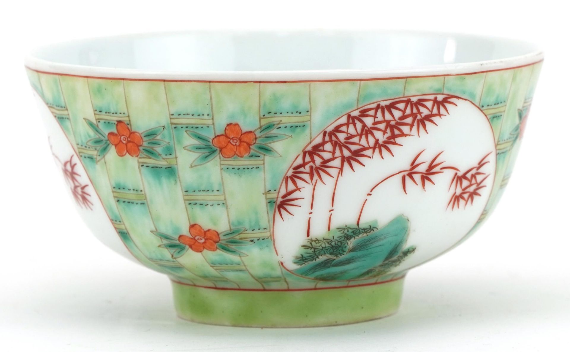 Chinese porcelain faux bamboo ground bowl hand painted with panels of pine trees, iron red seal - Bild 4 aus 7