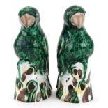 Pair of 18th century style hand painted pottery parrots by Gladstone Pottery for the Gladstone