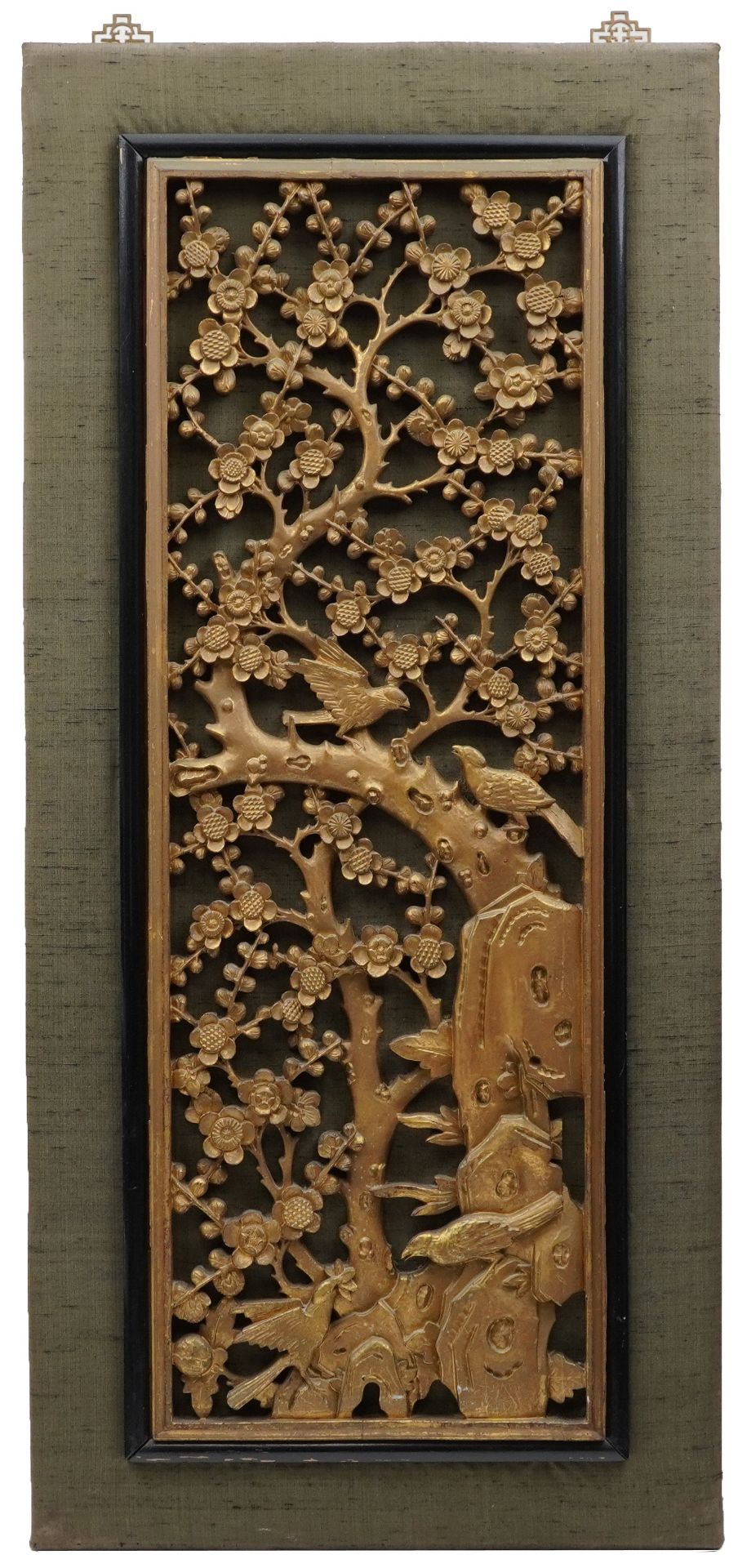 Large Chinese carved gilt wood panel depicting birds amongst trees, framed, 101cm x 36cm excluding
