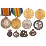 British military World War I pair with related militaria including Services Rendered badge, the pair