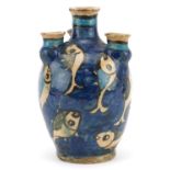 Persian Qajar pottery Tulip vase hand painted with fish, 18cm high : For further information on this