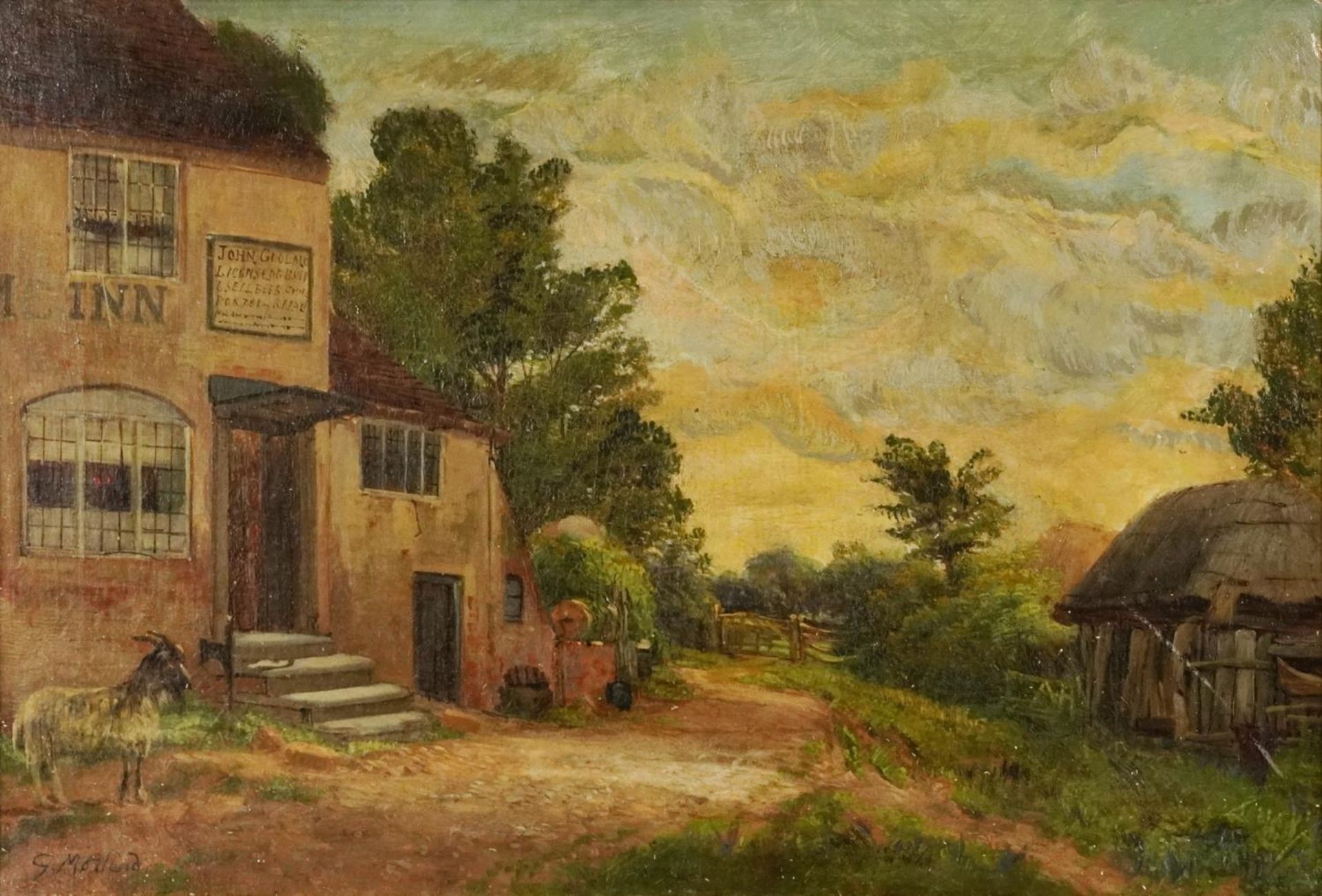 After George Morland - Rural landscape with inn and thatched cottage, oil on canvas, mounted and