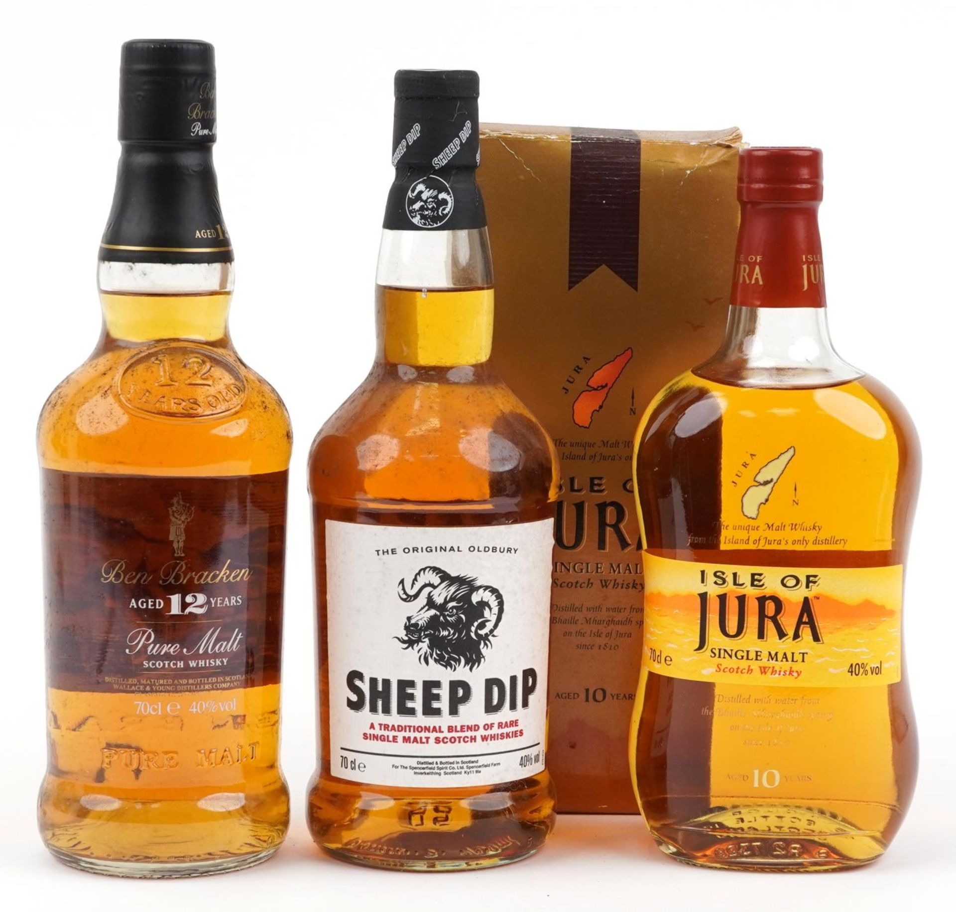 Three bottles of Scotch whisky comprising Isle of Jura aged 10 years, Sheep Dip and Ben Bracken aged