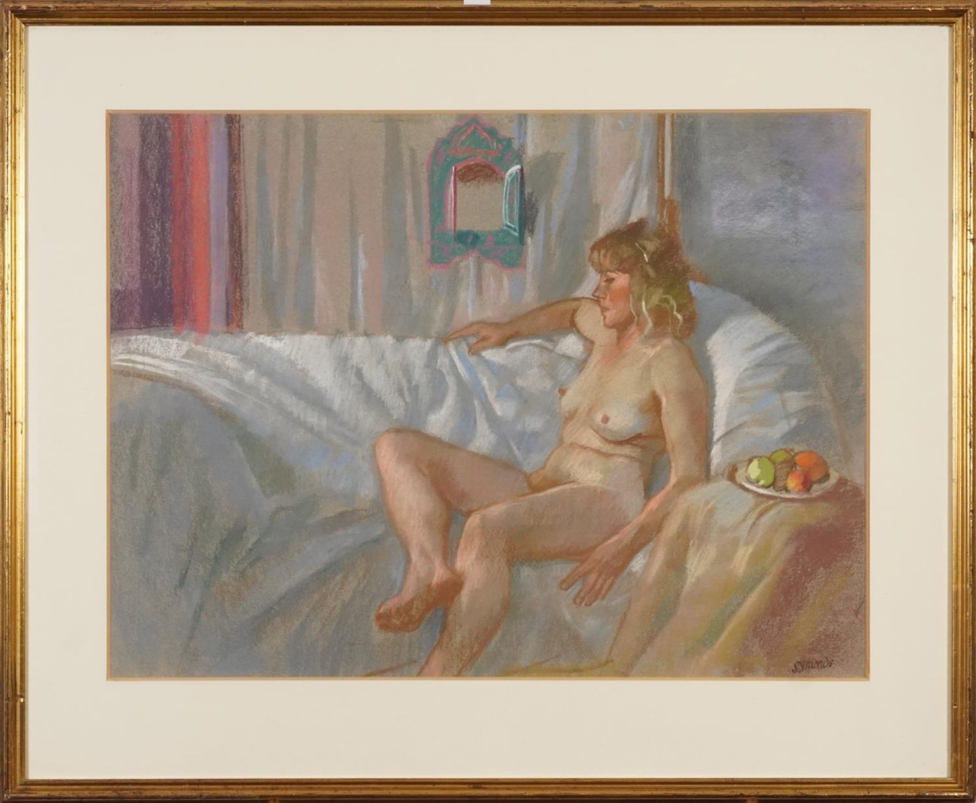 Ken Symonds - Reclining nude female, signed pastel, mounted, framed and glazed, 63.5cm x 47cm - Image 2 of 4