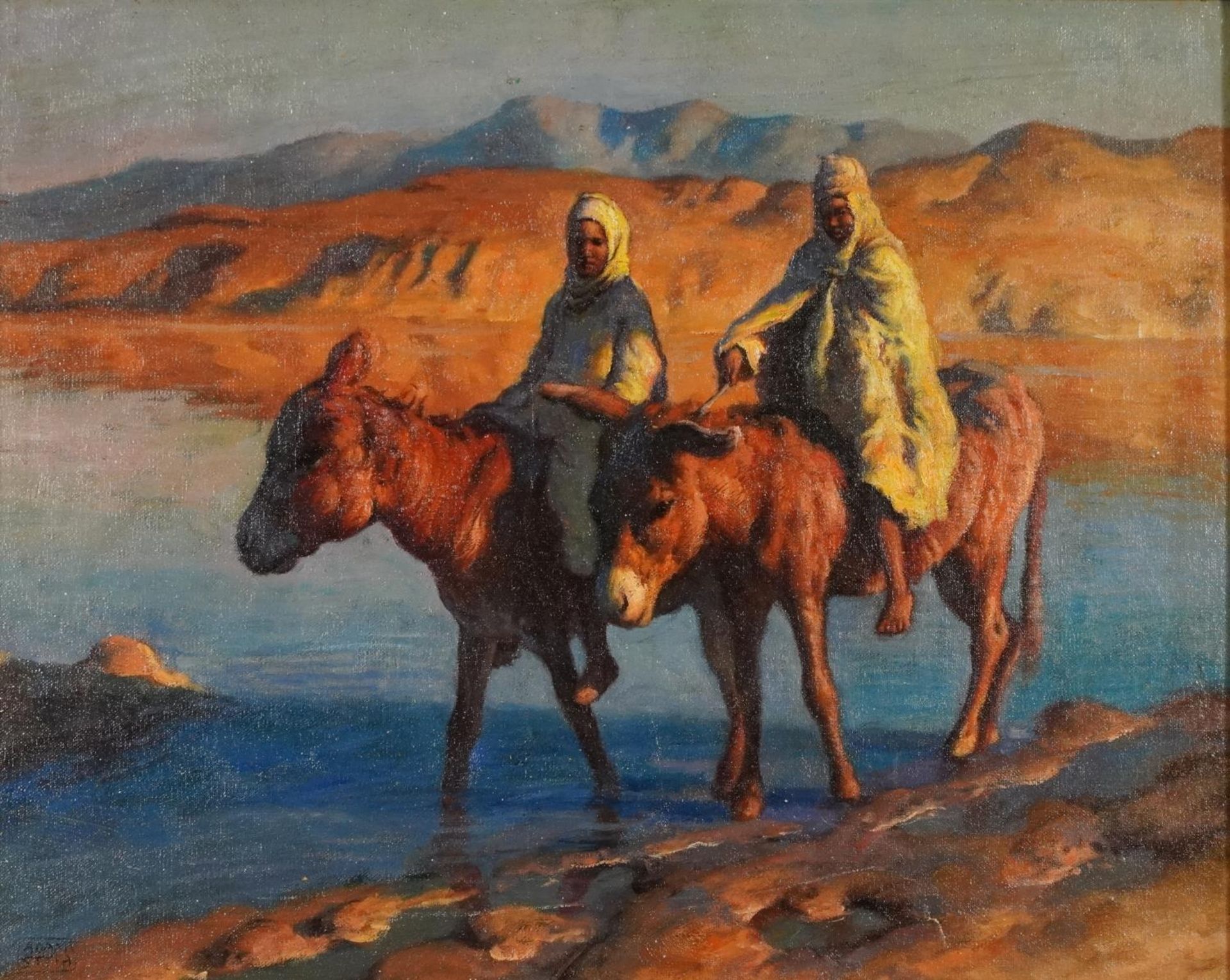 Manner of Adam Styka - Two figures and donkeys before a landscape, Orientalist school oil on