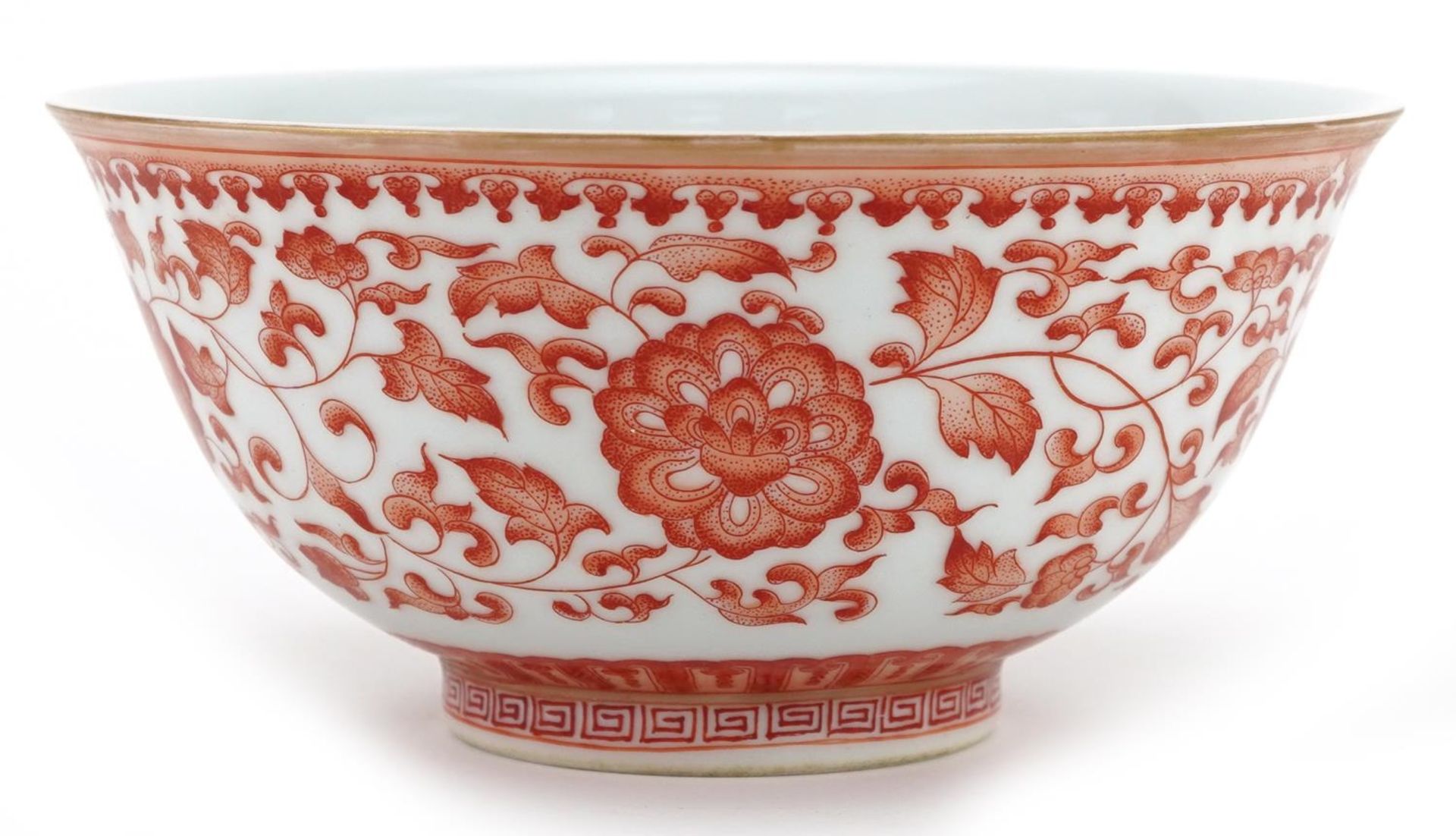 Chinese porcelain bowl finely hand painted in iron red with flower heads amongst scrolling foliage