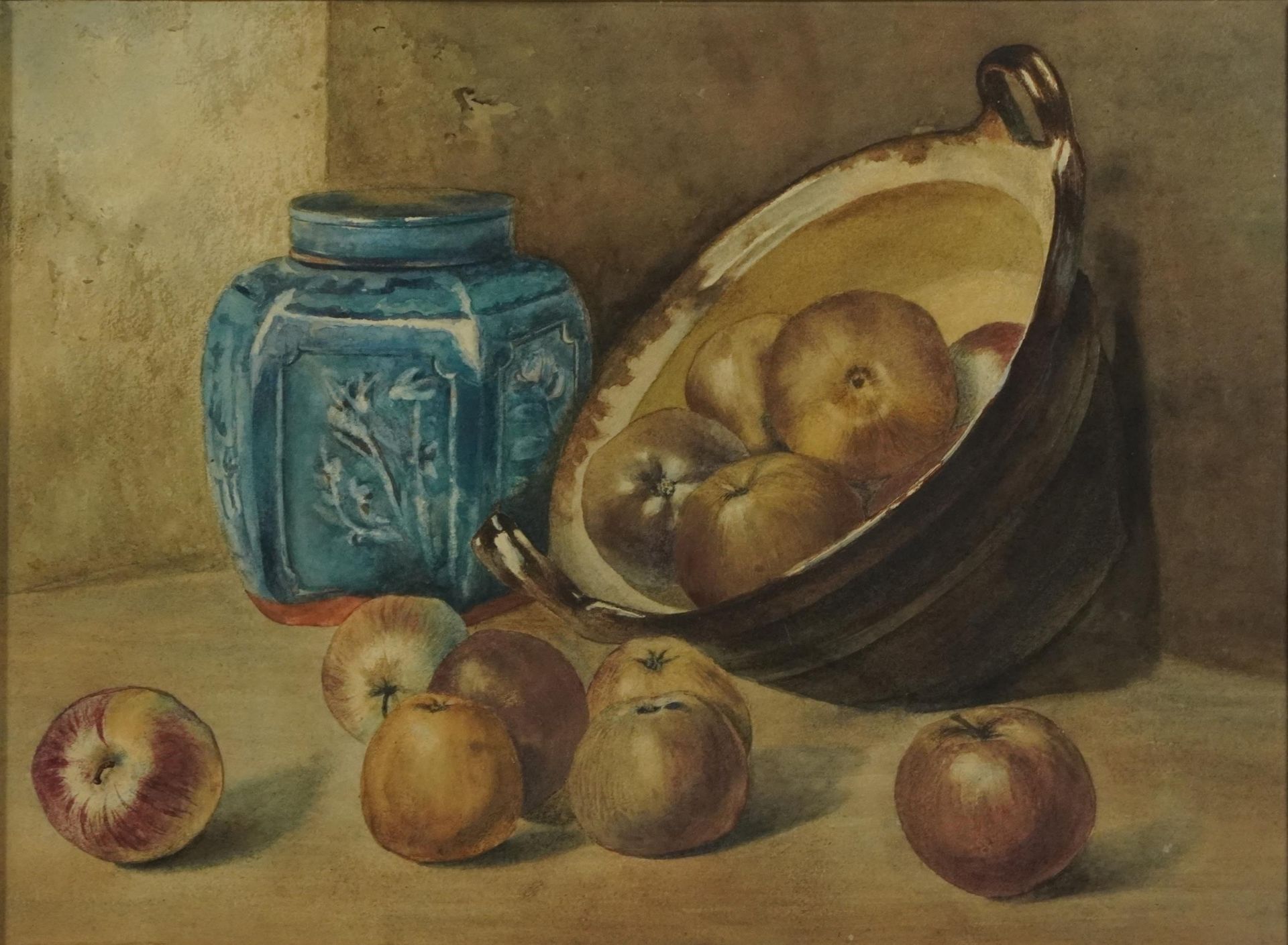 Still life apples with a Chinese jar, 19th century watercolour, mounted, framed and glazed, 47cm x