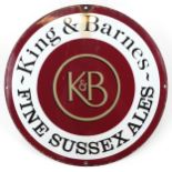 Vintage circular King & Barnes Fine Sussex Ales enamel advertising sign, 46cm in diameter : For