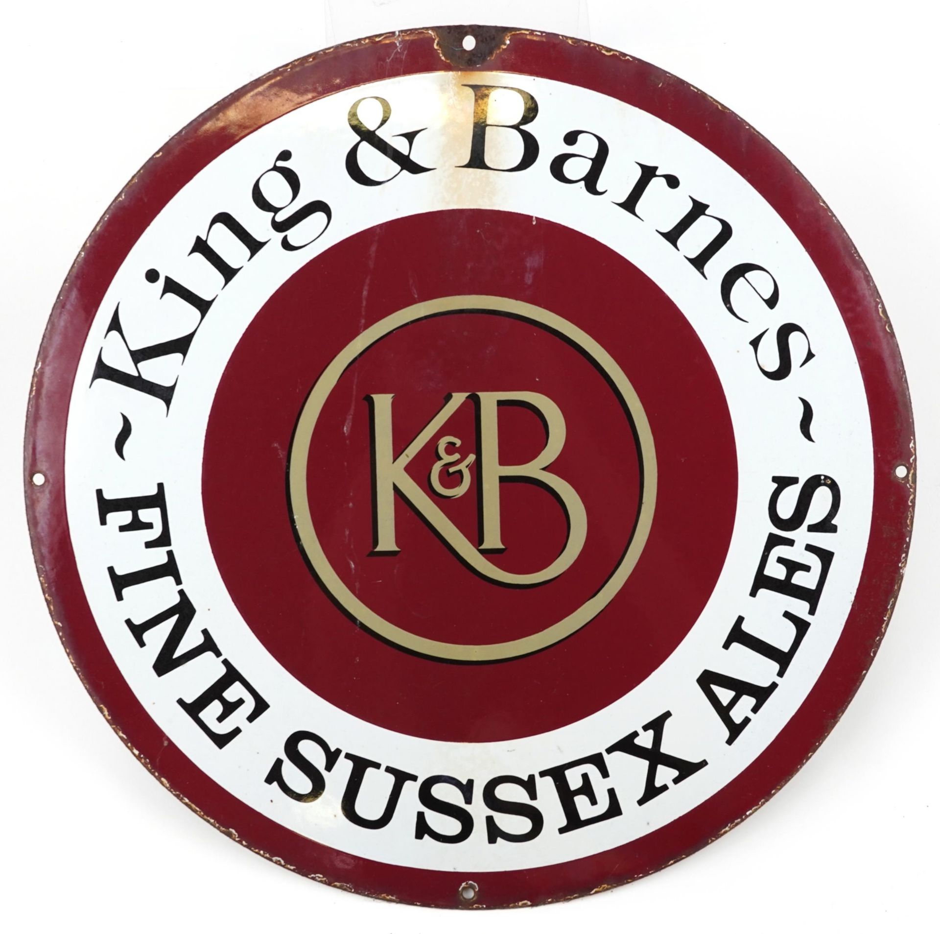 Vintage circular King & Barnes Fine Sussex Ales enamel advertising sign, 46cm in diameter : For