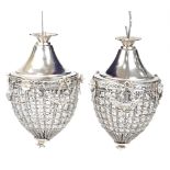 Pair of ornate silvered acorn design chandeliers decorated with swags and bows, 40cm high : For