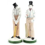 Two Rye Pottery cricketing interest figures comprising The Batsman and The Bowler, the largest