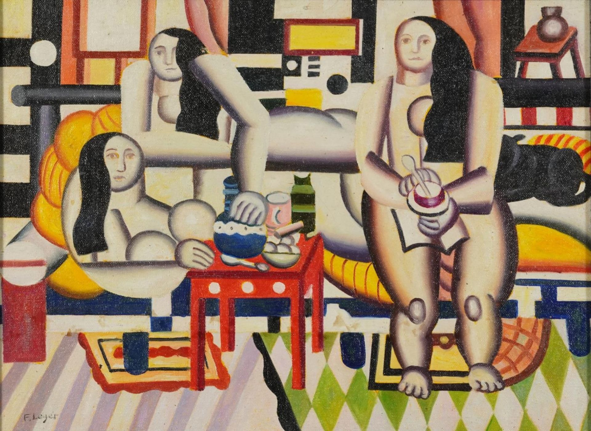 Manner of Fernand Leger - Surreal composition, three females in an interior, French school oil on