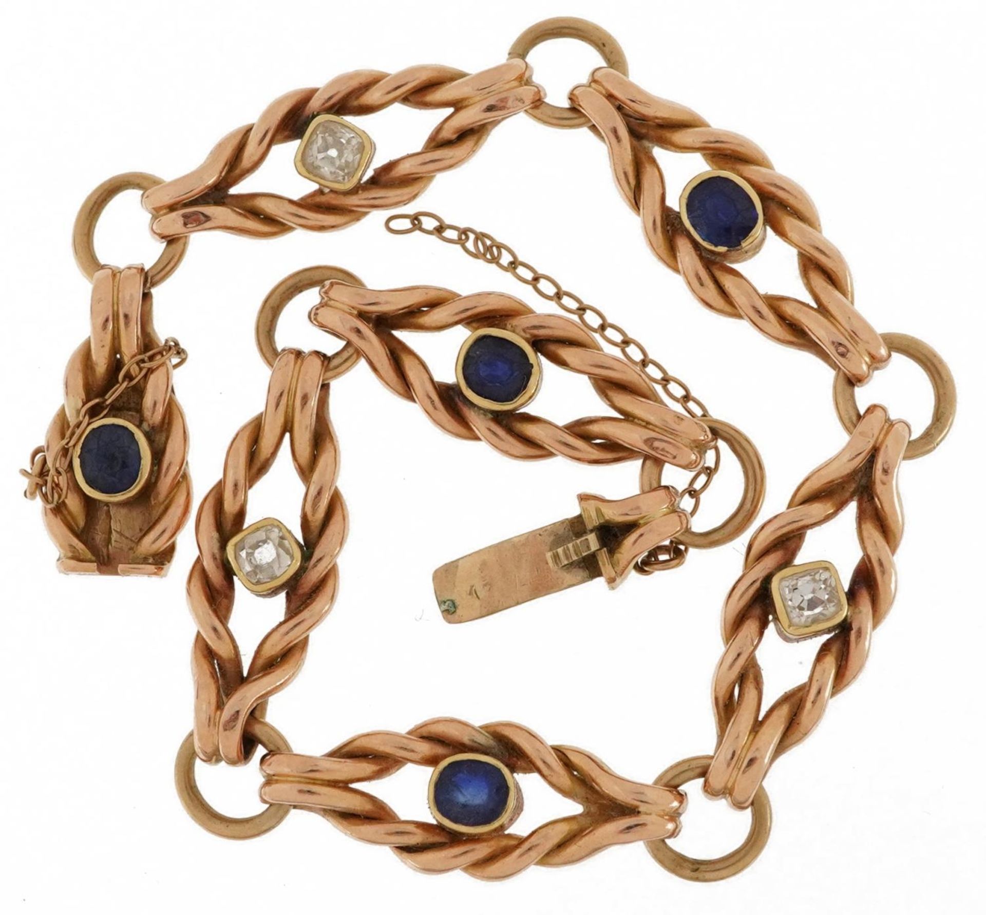 15ct rose gold diamond and sapphire rope twist design bracelet, each diamond approximately 0.20 - Image 2 of 6