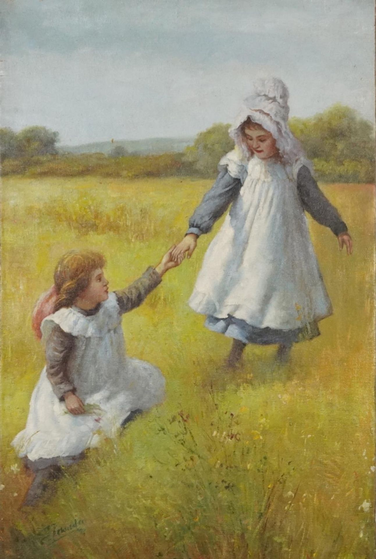 Two young girls playing in a field, Impressionist oil on canvas, unframed, 76cm x 50cm : For further