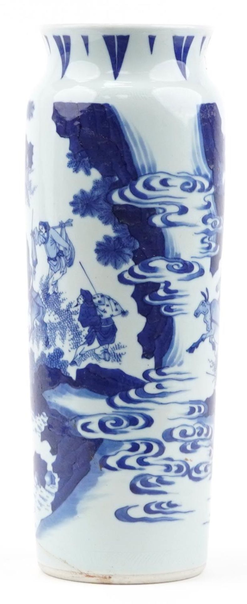 Large Chinese blue and white porcelain sleeve vase hand painted with rickshaw and figures in a - Bild 4 aus 7
