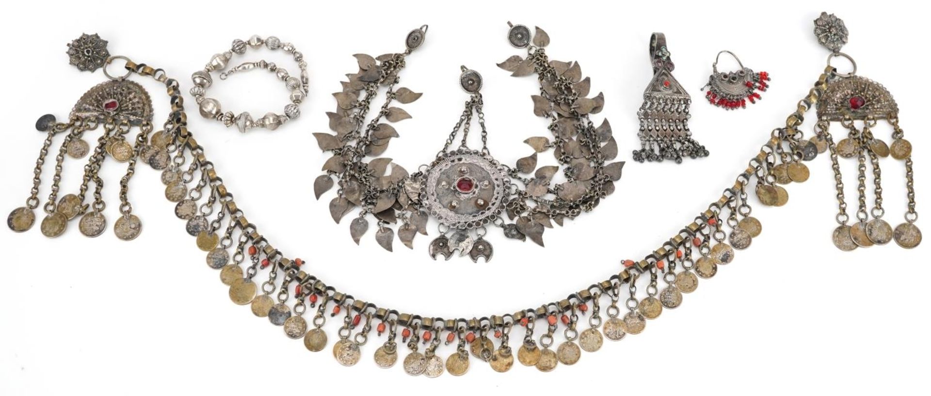 Tribal interest unmarked silver and white metal jewellery including Indian drop earring set with red