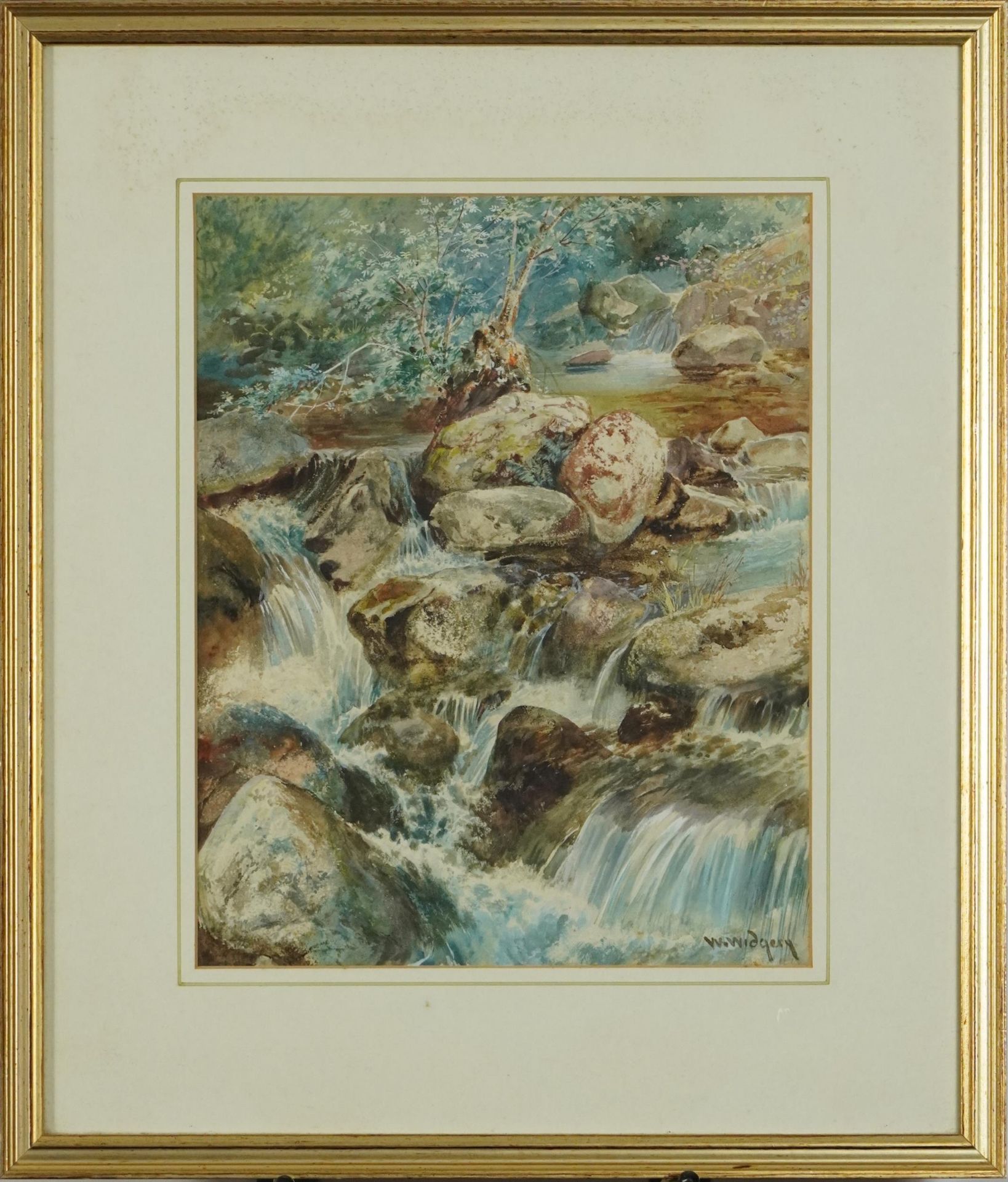 William Widgery - Waterfall, watercolour and gouache, mounted, framed and glazed, 30cm x 24cm - Image 2 of 4