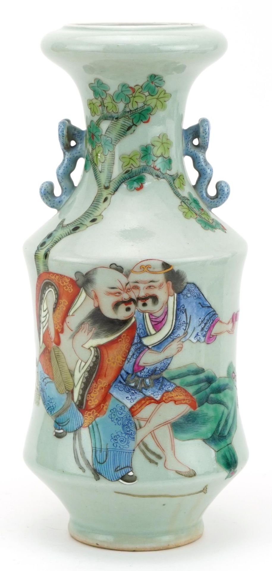 Chinese Canton celadon glazed vase with ruyi handles hand painted in the famille rose palette with