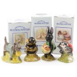 Four Royal Albert Beatrix Potter figures, three with boxes, including Babbity Bumble and Black