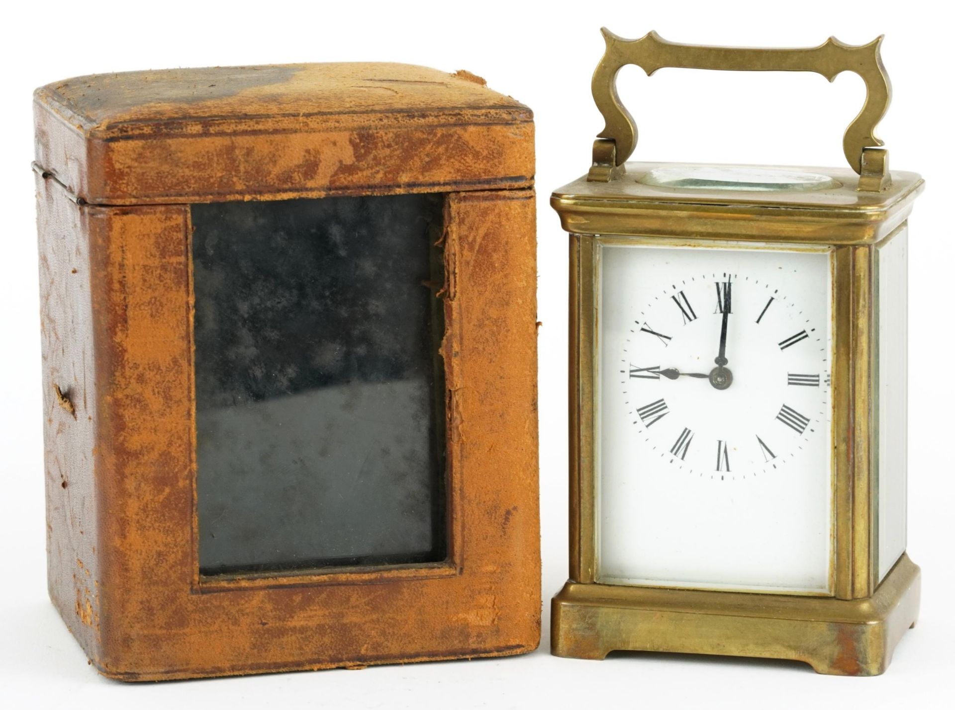 Richard & Co, 19th century French brass cased carriage clock with velvet lined leather travel case
