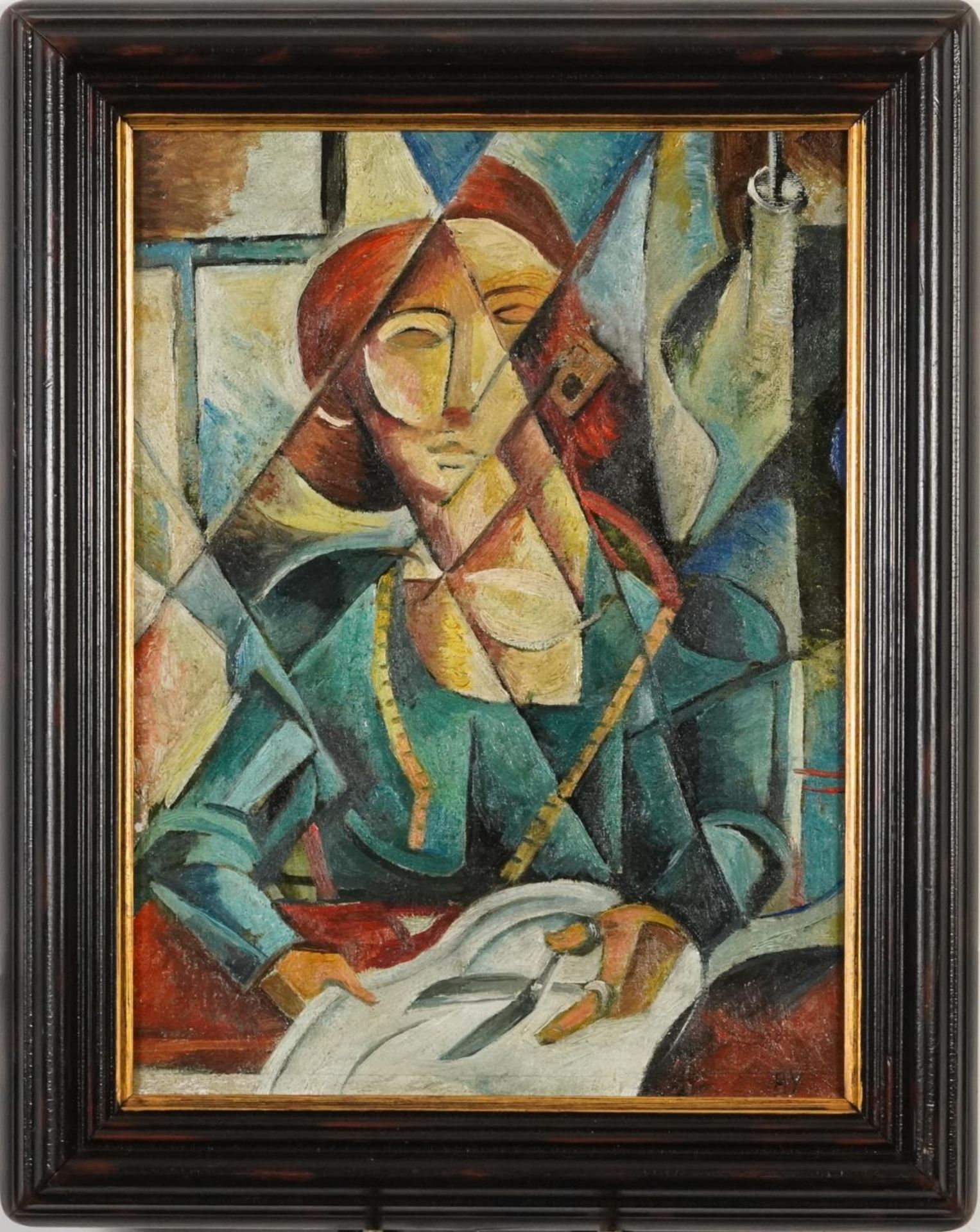 Nadezhda Udaltsova - Seamstress, Russian Cubist oil on canvas, label and inscription verso, - Image 2 of 6