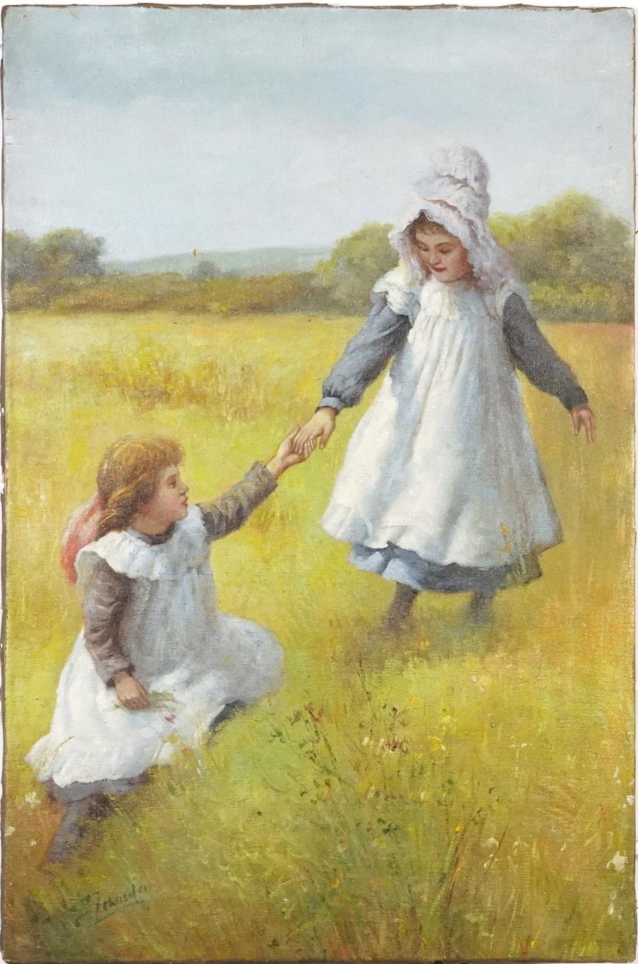 Two young girls playing in a field, Impressionist oil on canvas, unframed, 76cm x 50cm : For further - Image 2 of 4