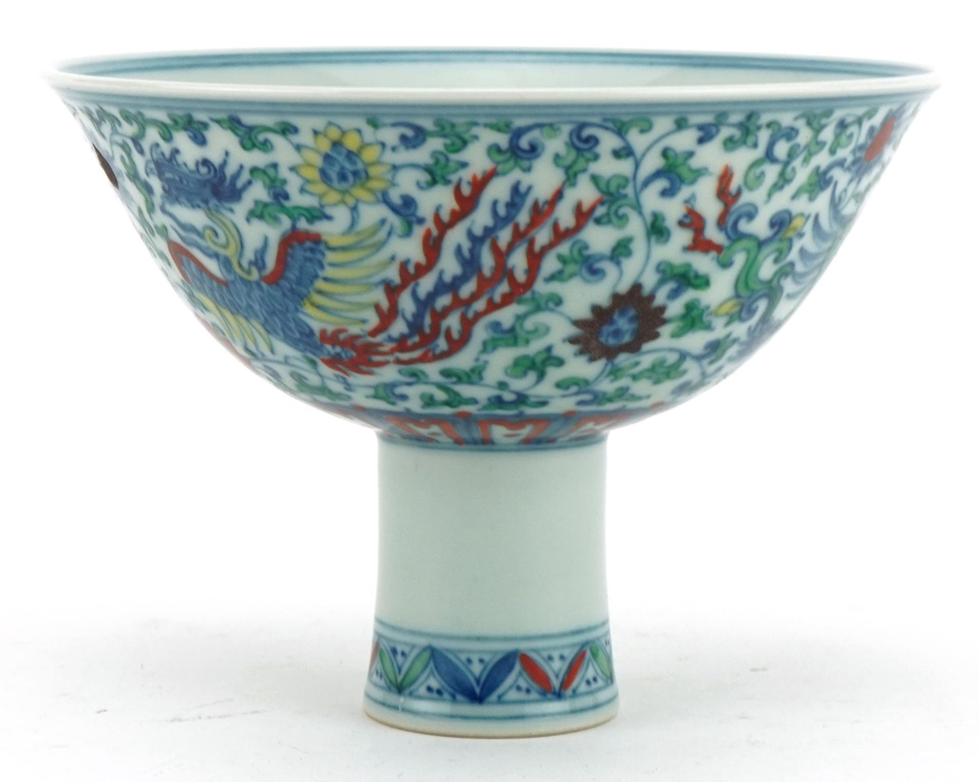 Chinese doucai porcelain stem bowl hand painted with phoenixes amongst flowers, six figure character - Image 3 of 7