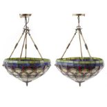 Pair of large Tiffany design leaded stained glass hanging light fittings, each 46cm in diameter :