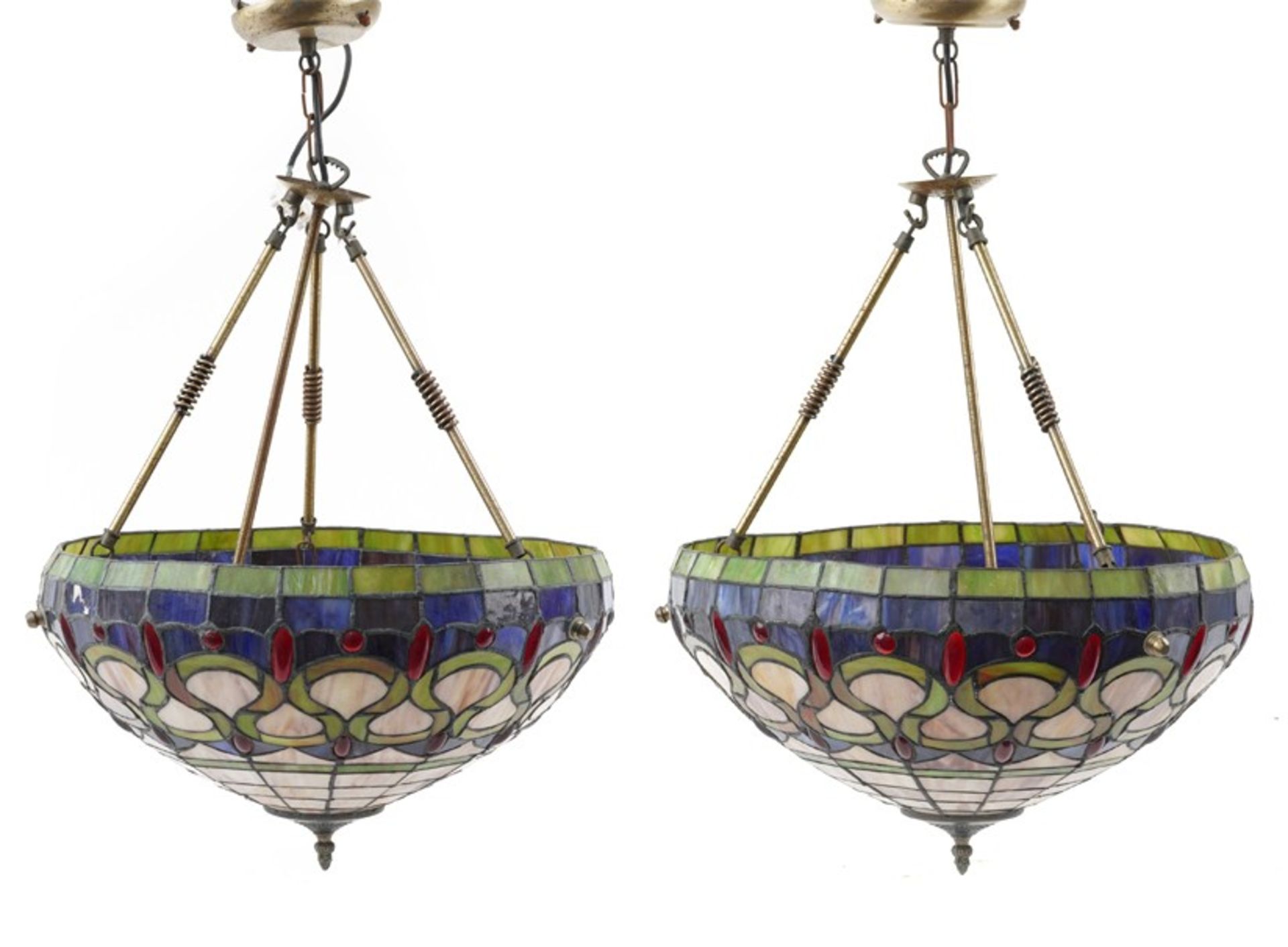 Pair of large Tiffany design leaded stained glass hanging light fittings, each 46cm in diameter :