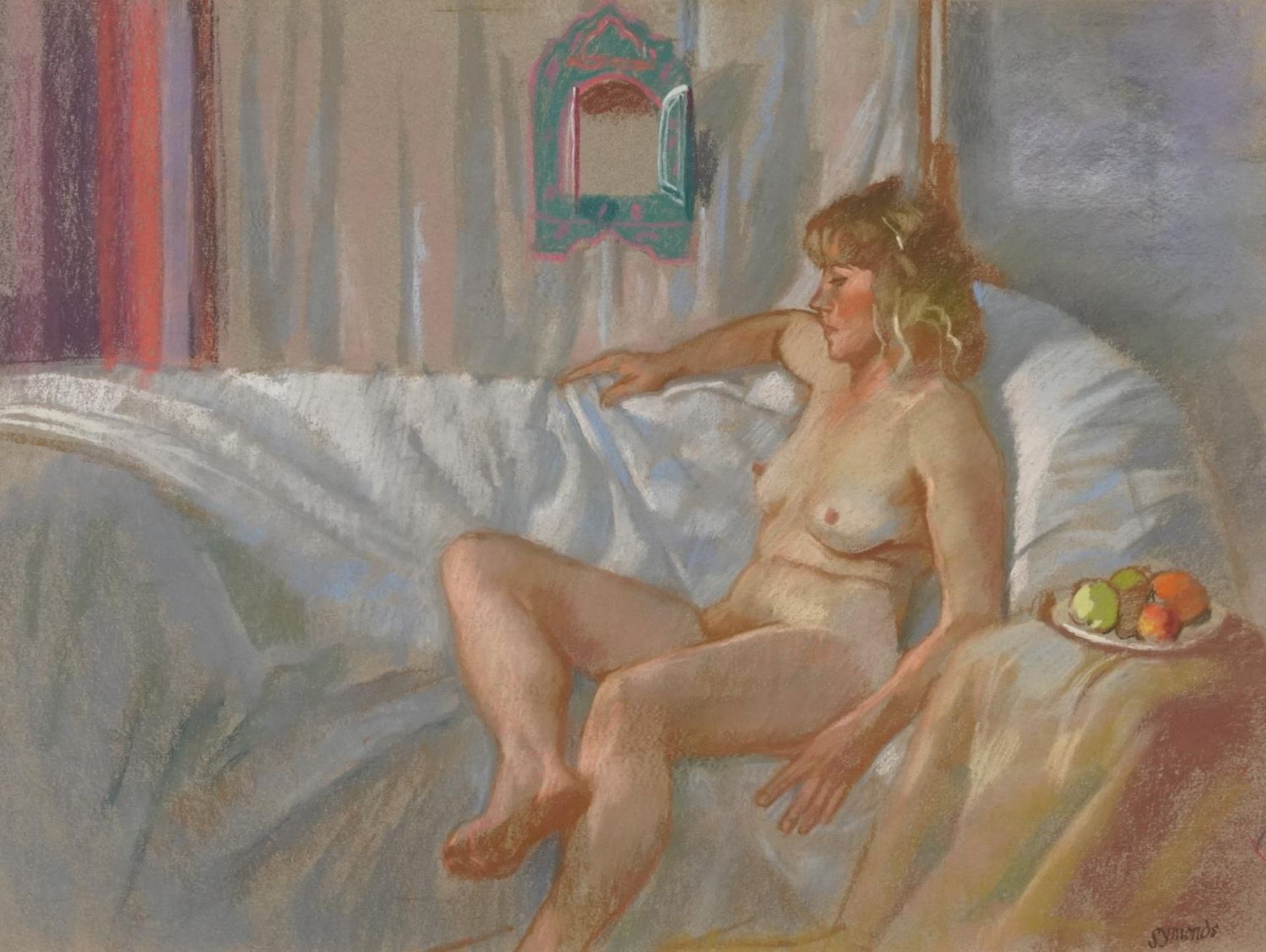 Ken Symonds - Reclining nude female, signed pastel, mounted, framed and glazed, 63.5cm x 47cm