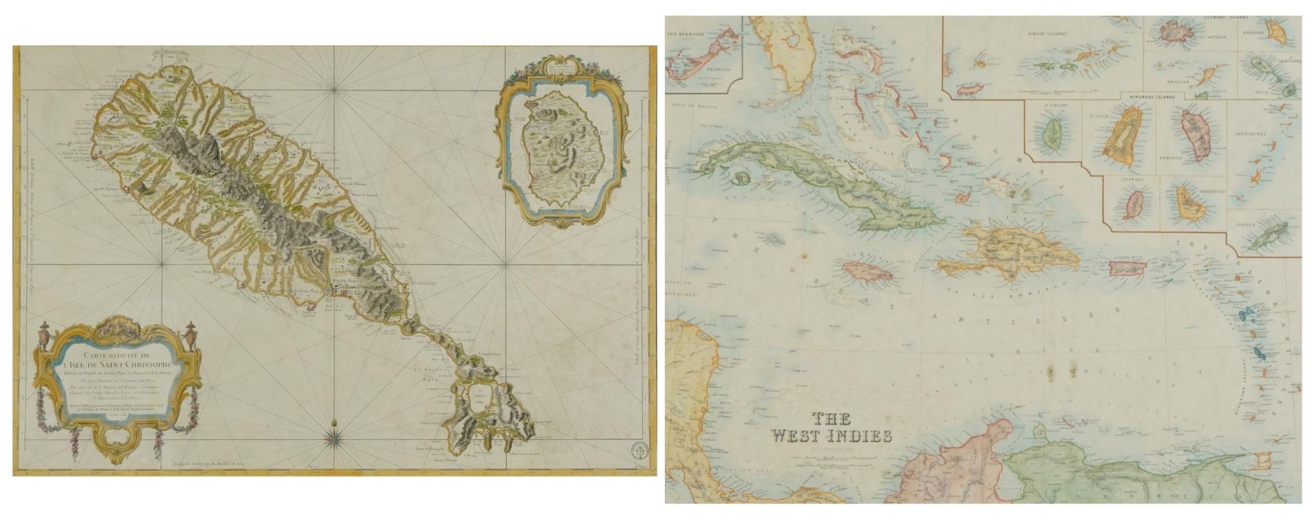 Two antique hand coloured maps comprising The West Indies by G H Swanston and a French example