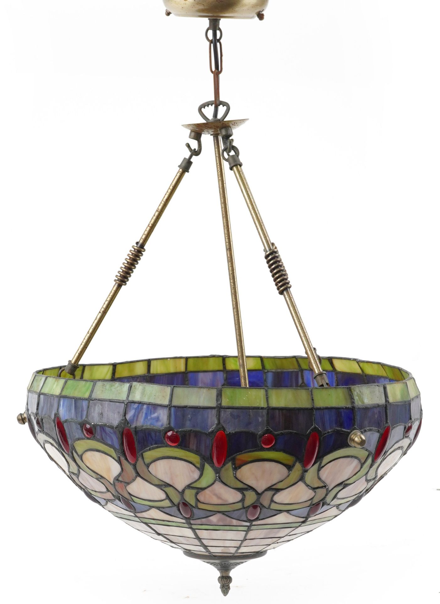 Pair of large Tiffany design leaded stained glass hanging light fittings, each 46cm in diameter : - Image 5 of 5