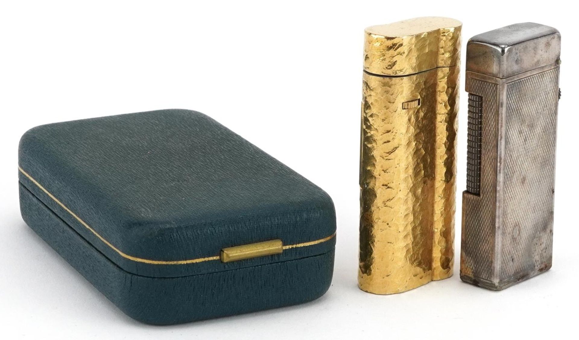 Two Dunhill pocket lighters including a silver plated example with fitted case : For further