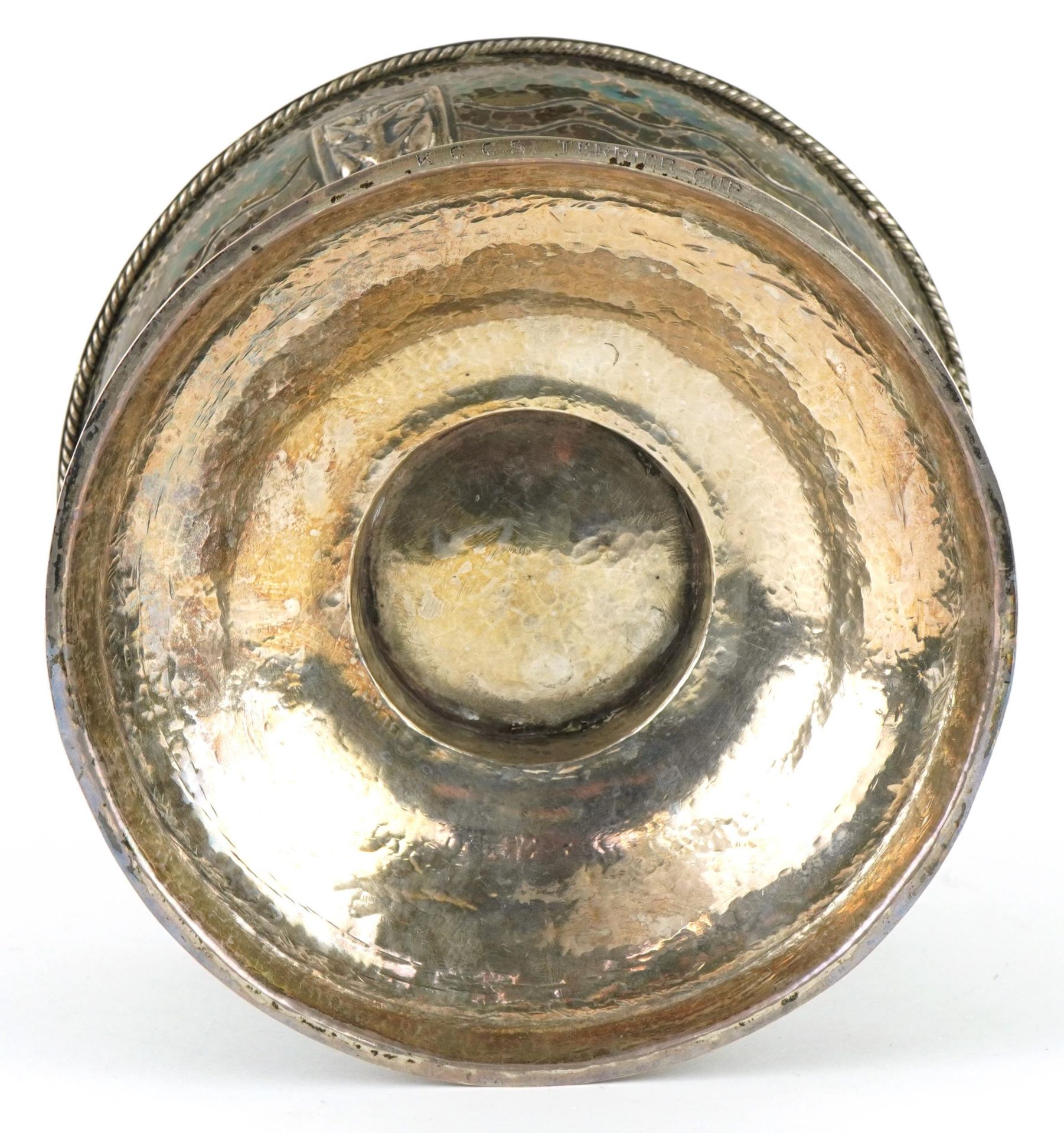 Arts & Crafts circular unmarked hammered silver pedestal bowl embossed with stylised flowers and - Image 3 of 4