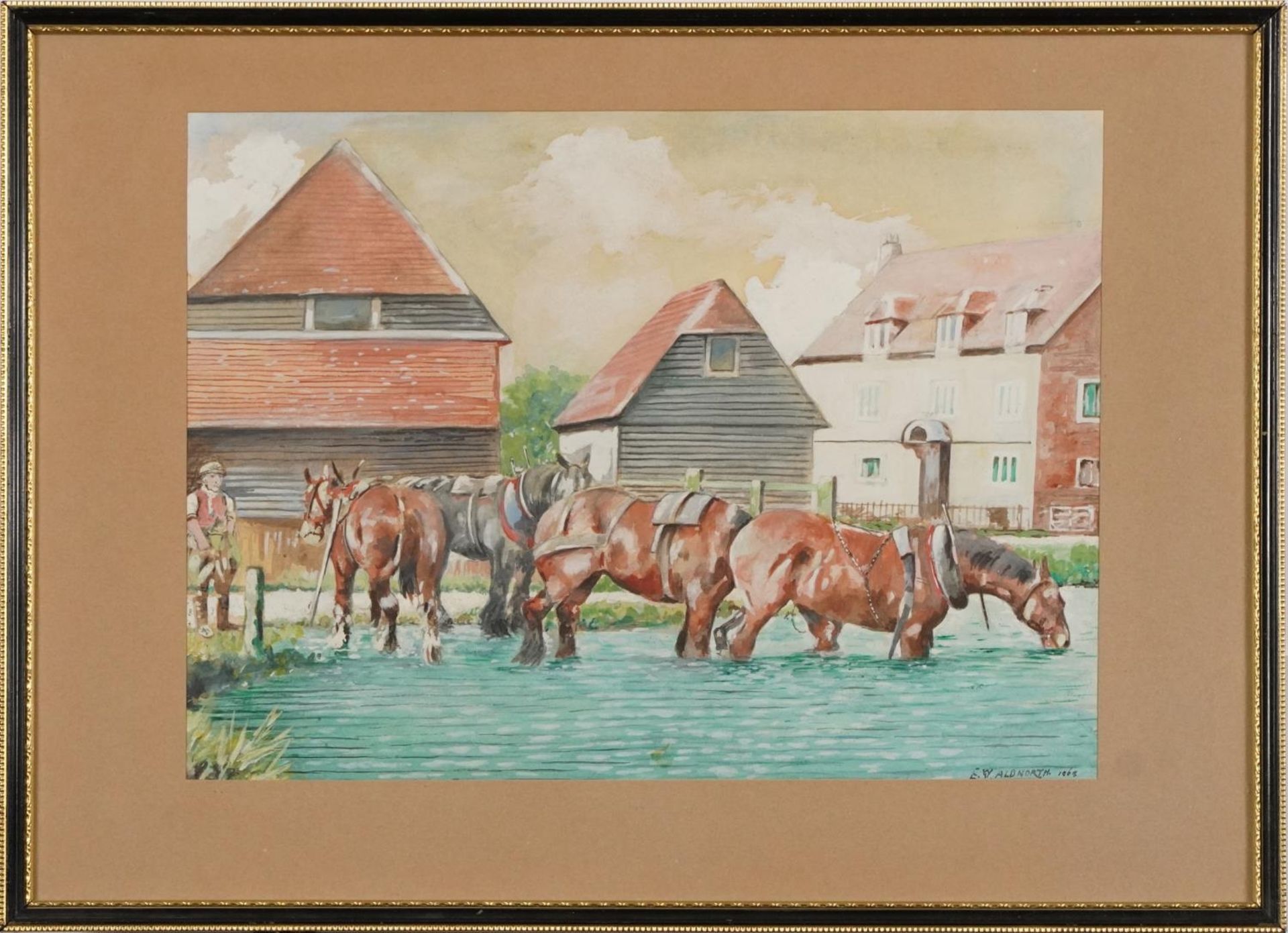 Ernest William Aldworth - Hunting scene with huntsmen on horseback with hounds and village landscape - Image 3 of 10