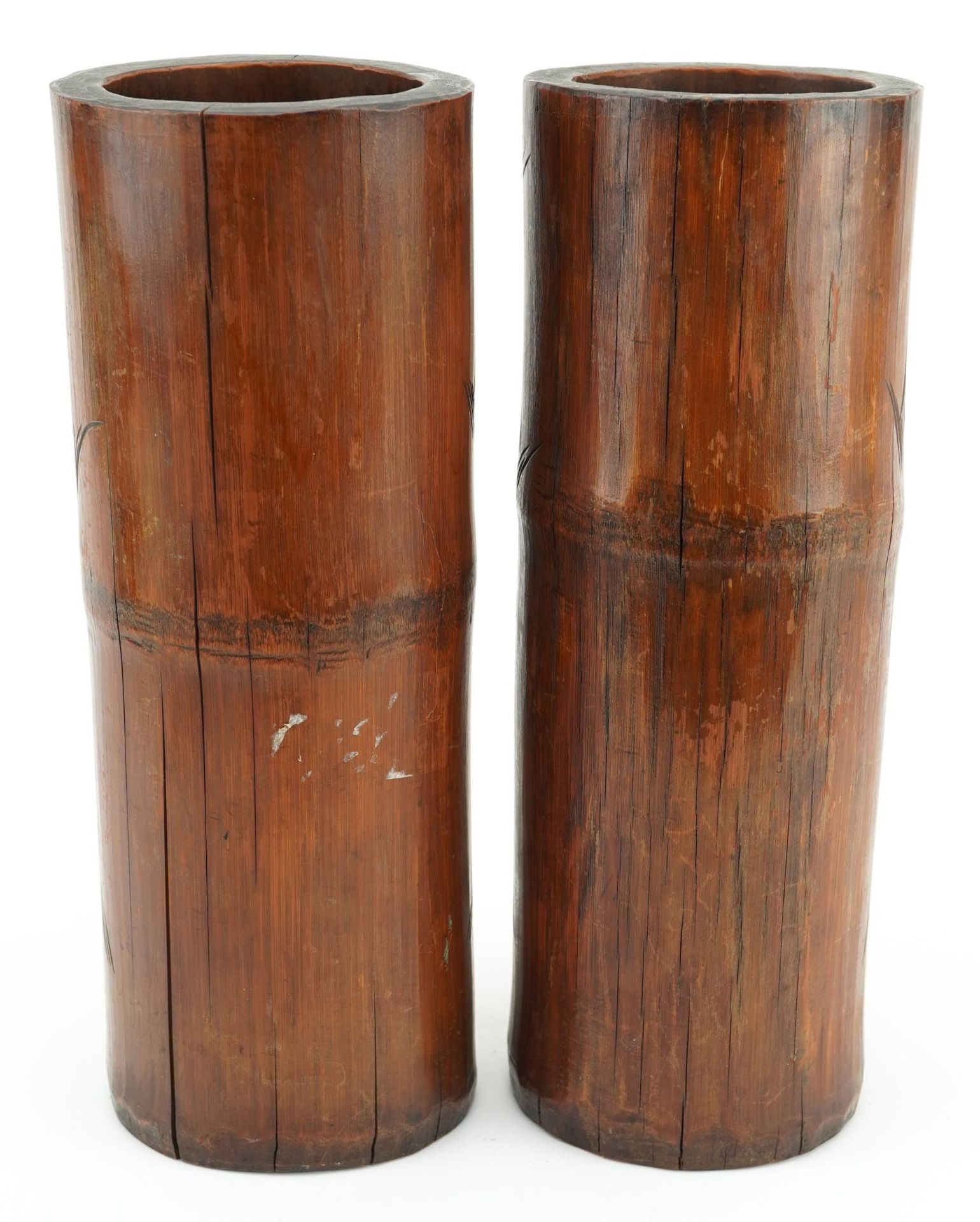 Large pair of oriental Chinese bamboo brush pots carved with elders, 29cm high : For further - Bild 3 aus 6