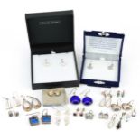 Collection of silver earrings, predominantly in pairs, some set with semi precious stones