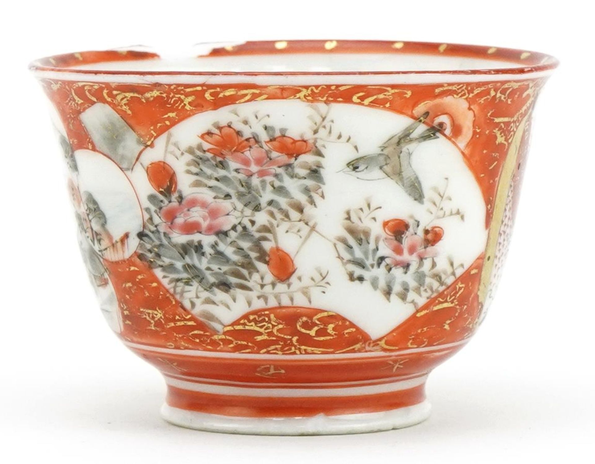 Japanese Kutani porcelain tea bowl with saucer hand painted with figures and flowers, the largest - Image 4 of 8