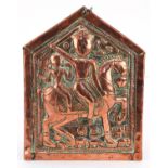 19th century Indian copper amulet decorated in relief with two deities on horseback, 19cm x 15cm :